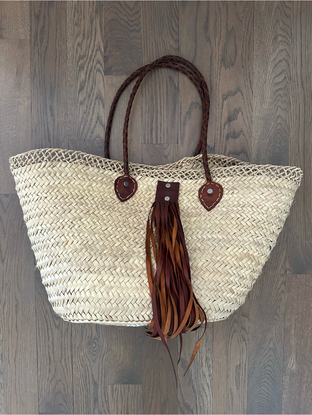 Woven French Market Tote Braided Leather Handles Fringe Accent Bag Tan, Brown